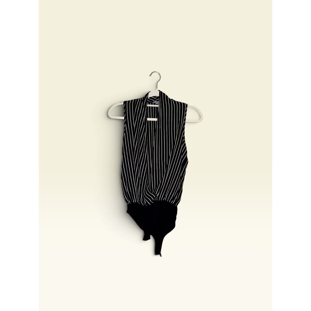 Charlotte Russe Women's Black White Pinstripe Wrap Bodysuit Sleeveless S
